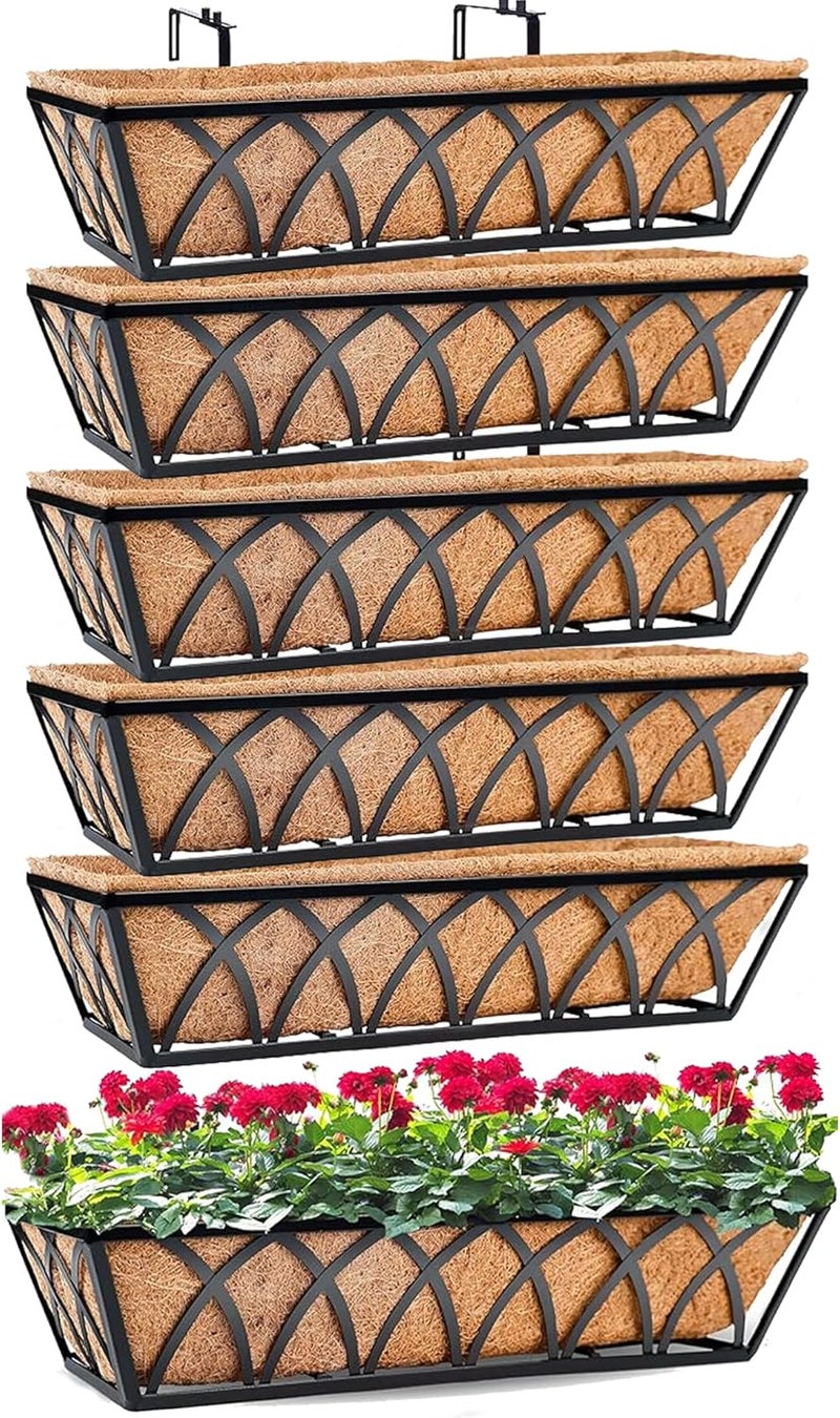 YM 24 Inch Fence Metal Hanging Flower Planter Window Basket Deck Railing Planter Boxes for Outdoor Garden Lawn， Window Deck with Coco Liner,6pcs - Image 1